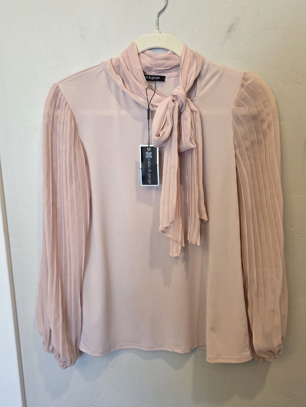 Cable & Gauge Blush Pink Tie-Neck Pleated-Sleeve Blouse